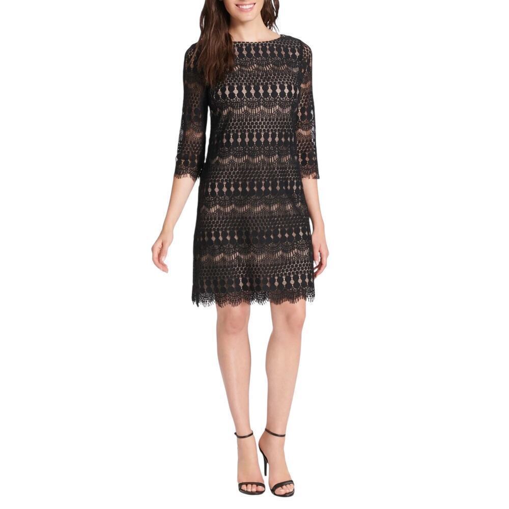 Jessica Howard Illusion Sleeve Crochet Lace Black Shift Lined Dress Sz 14 - Picture 1 of 11